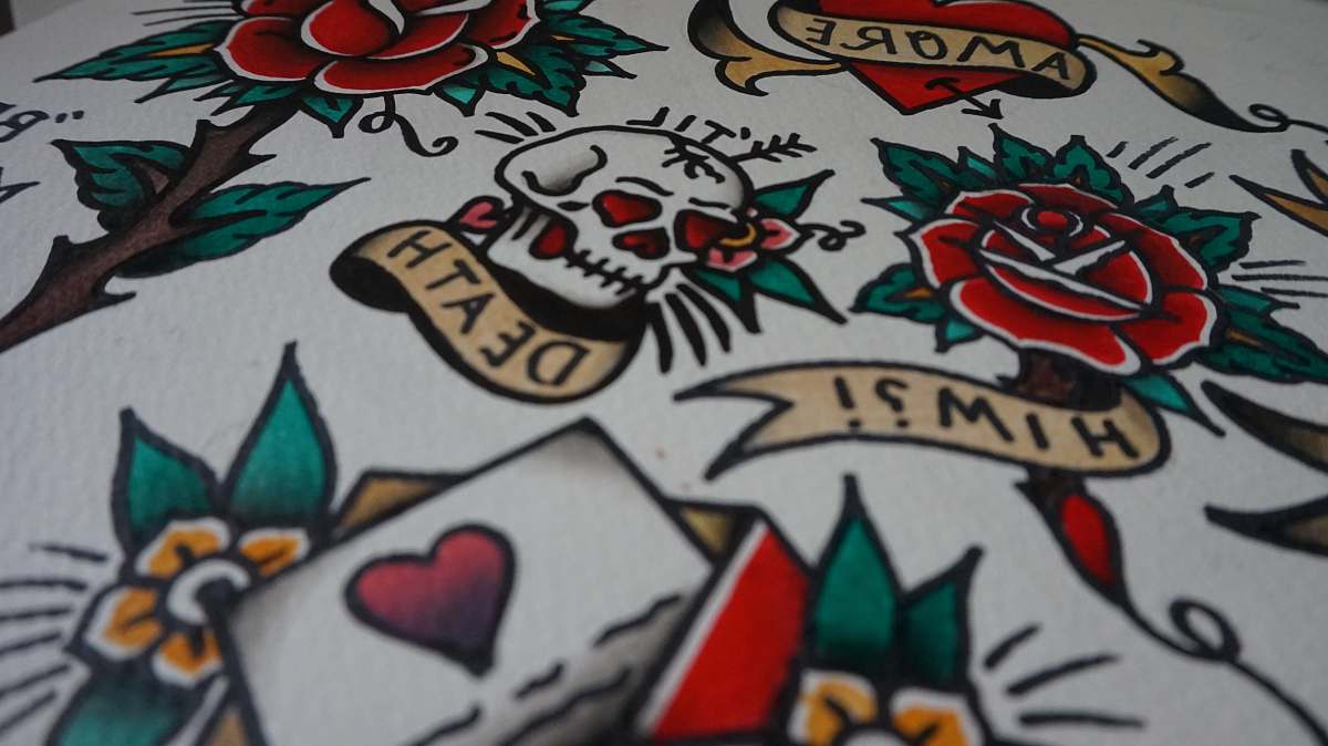 graffiti white, green, and red skull and flower print textile tattoo