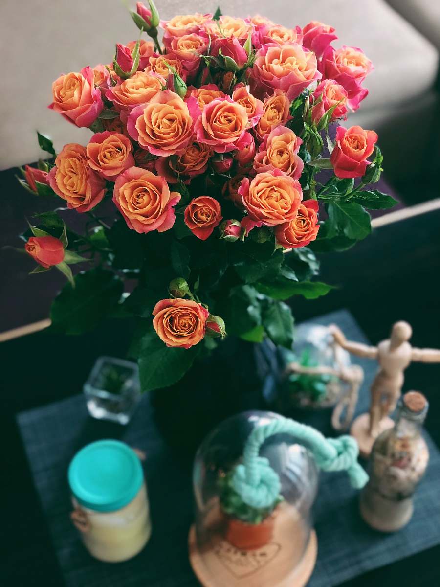 rose rose bouquet and clear glass jar person