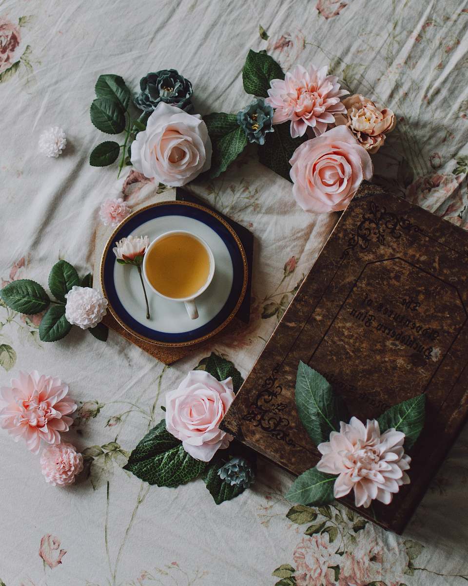 rose white teacup on plate surrounded pink roses tea
