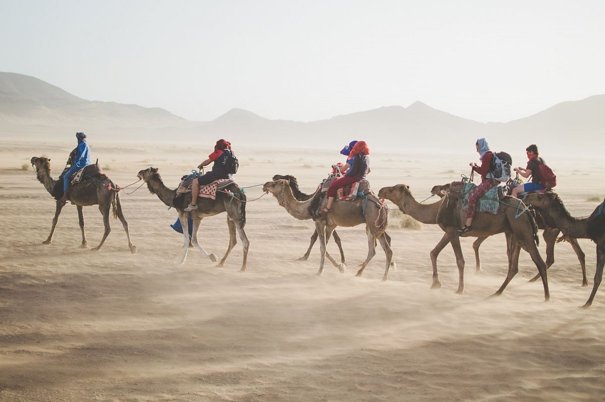 group of people riding camel on sand dune