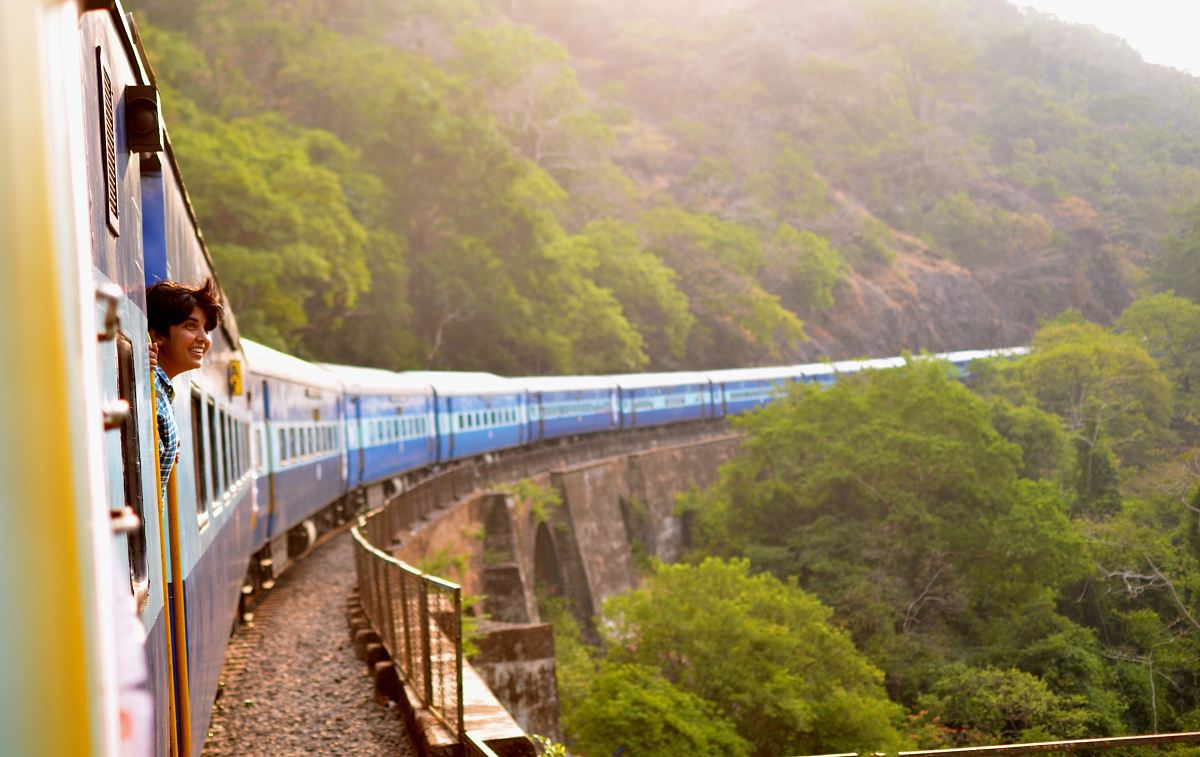 moving train near trees