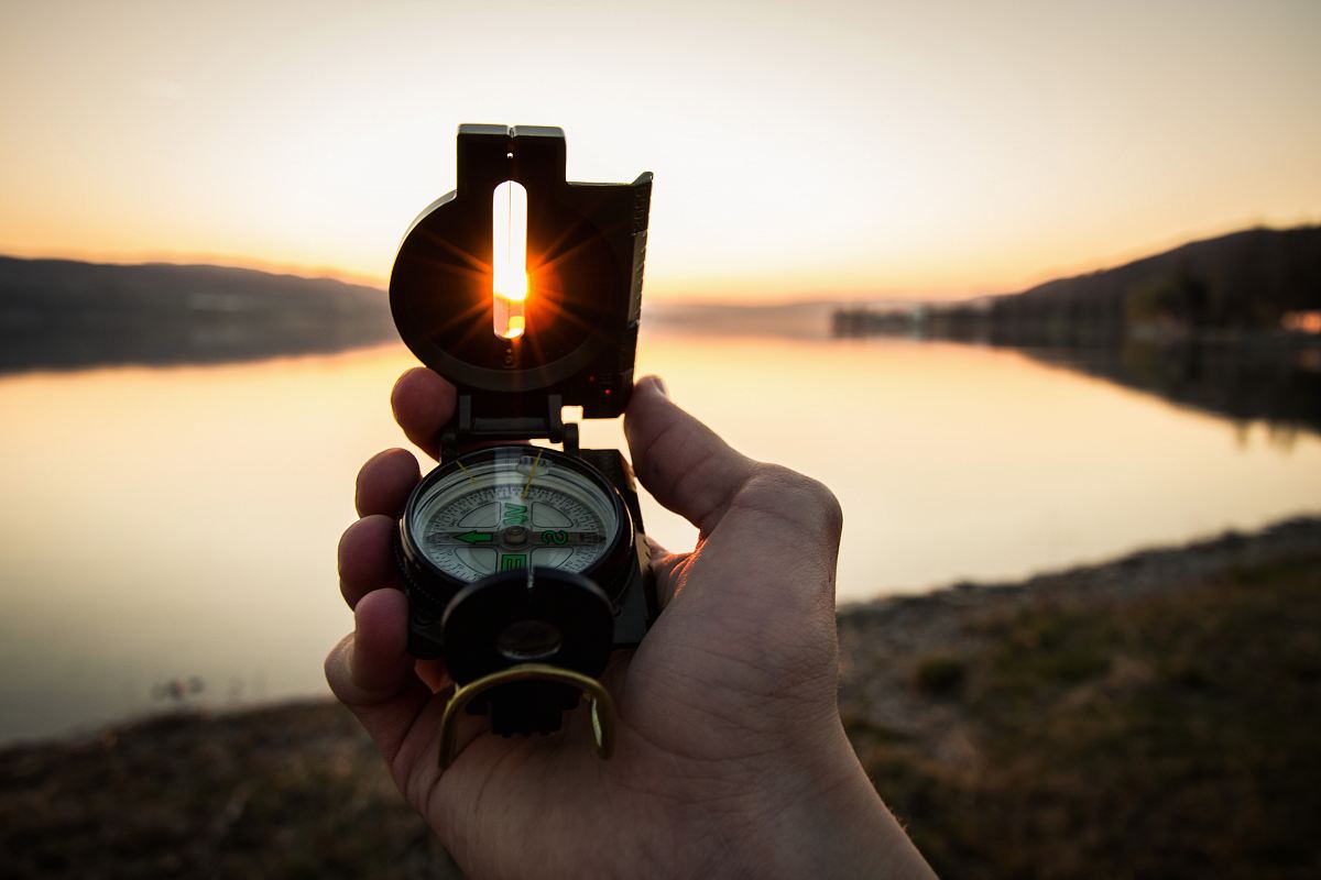 person showing black and white compass