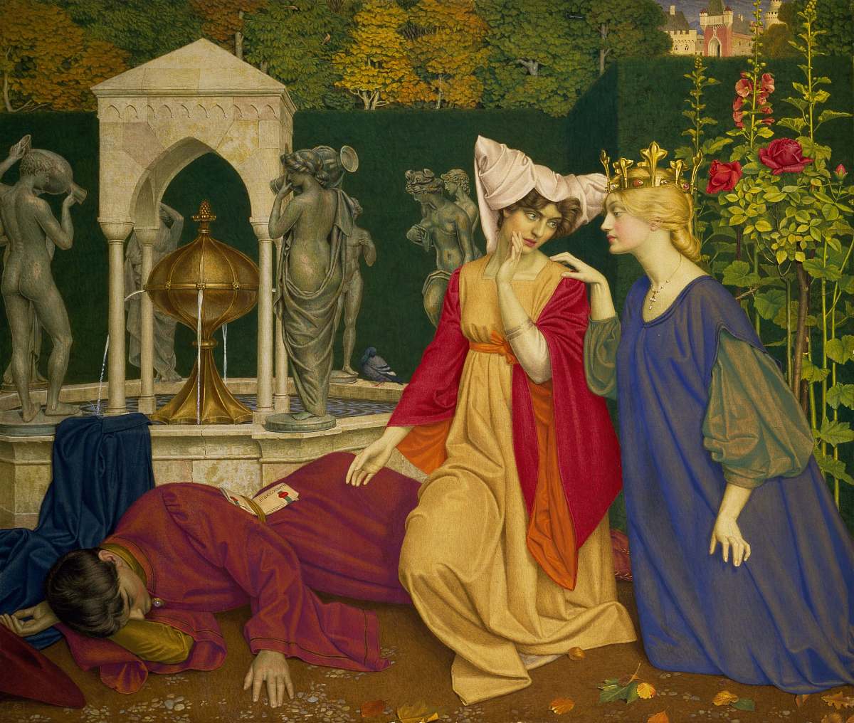 person Queen and woman kneeling beside sleeping man painting painting