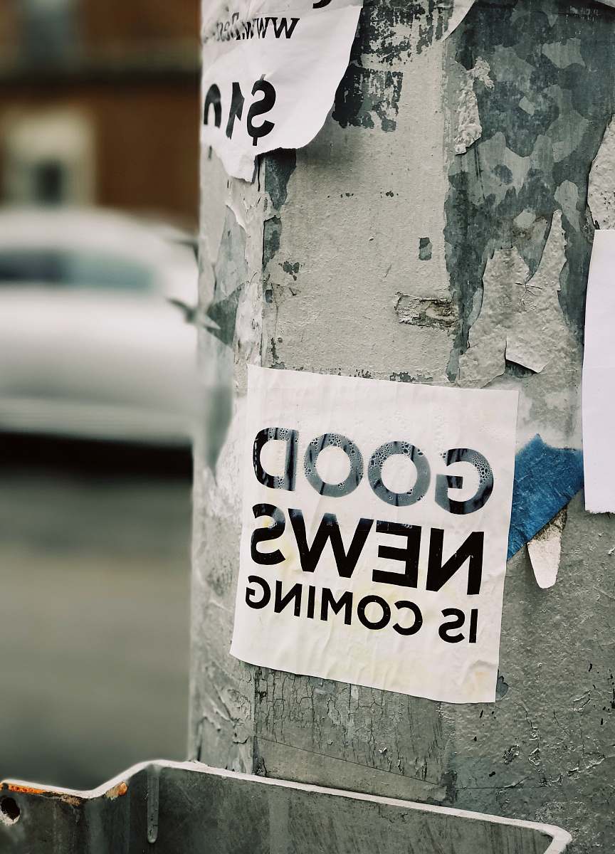 sticker white Good News Is Coming paper on wall sign
