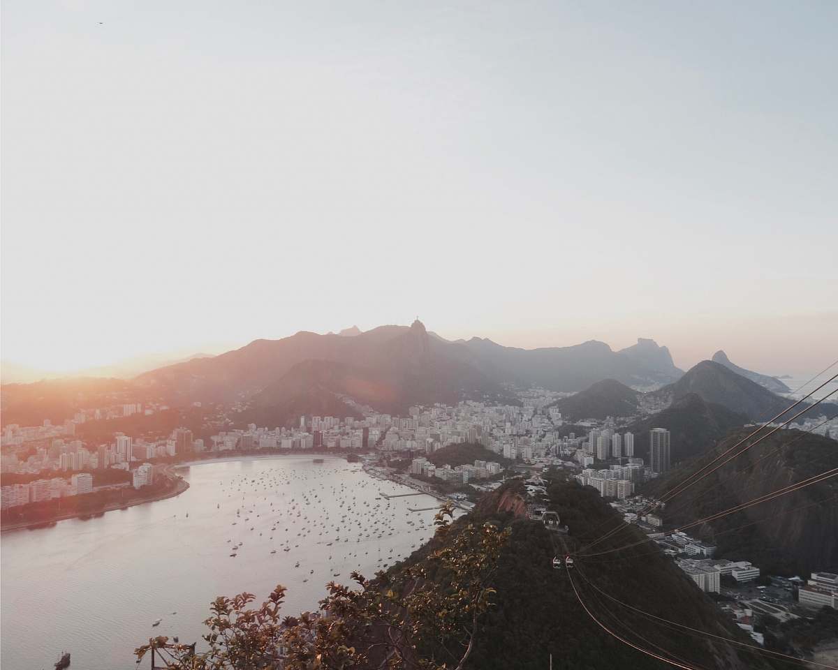 dusk aerial photography of city and body of water dawn