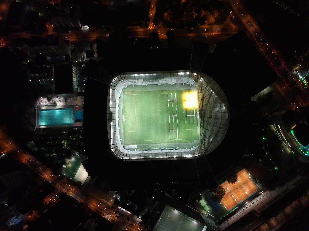 outdoors bird's eye view photography of NFL field night