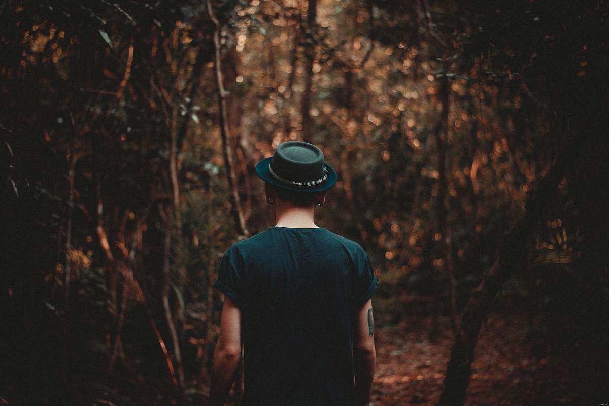 person man wearing black hat walking on forest during daytime people