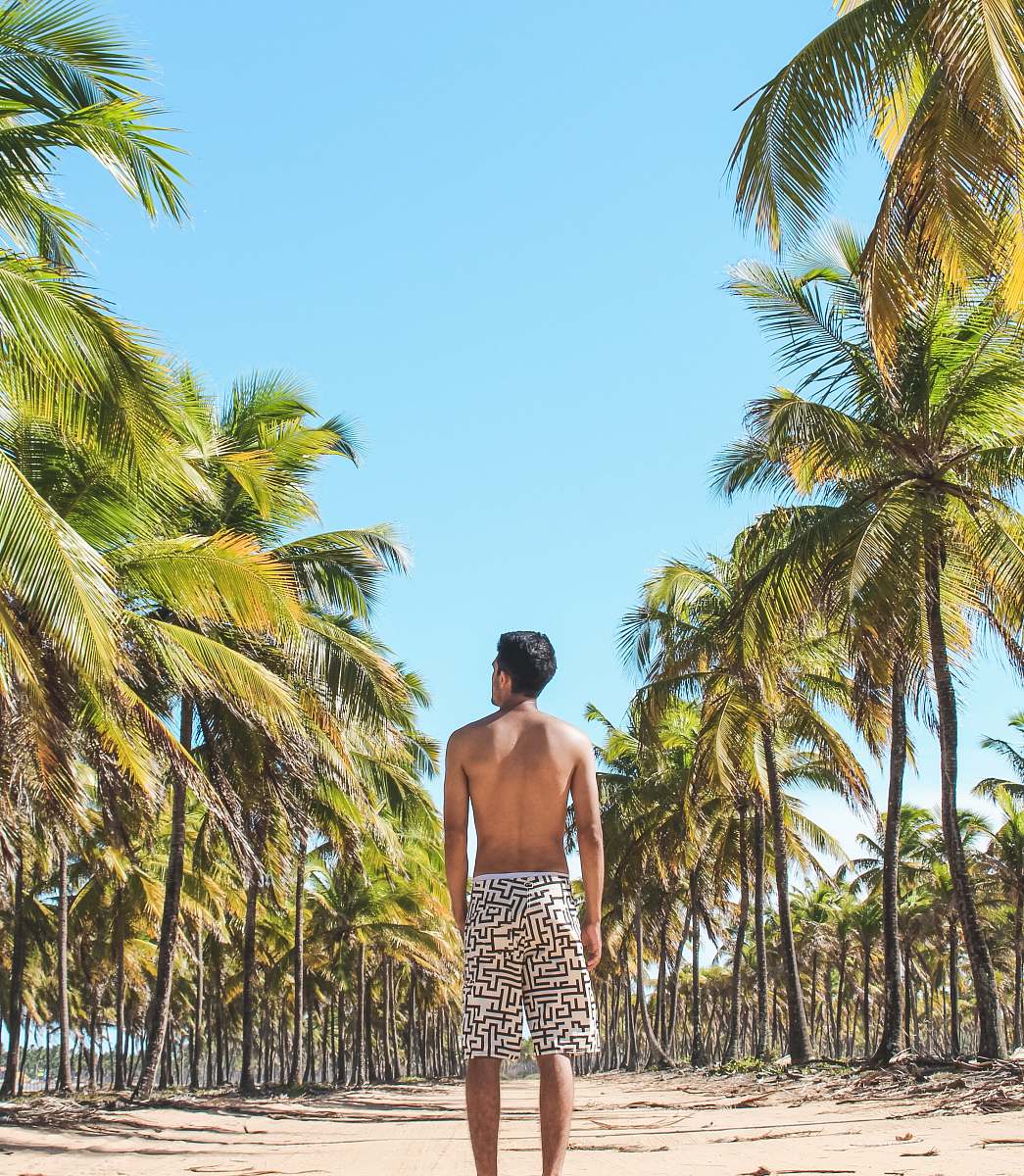 people man standing on empty road in between coconut trees human