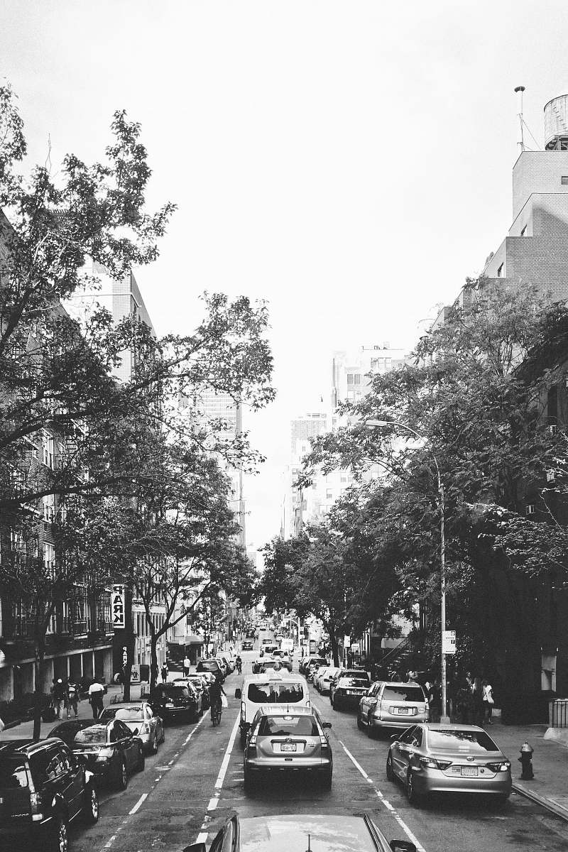 automobile grayscale photo of cars parked near trees and buildings car