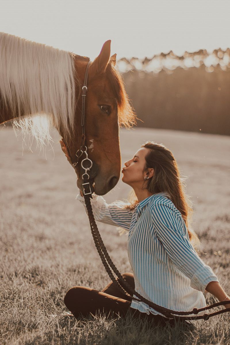 a woman kneeling in a field with a horse