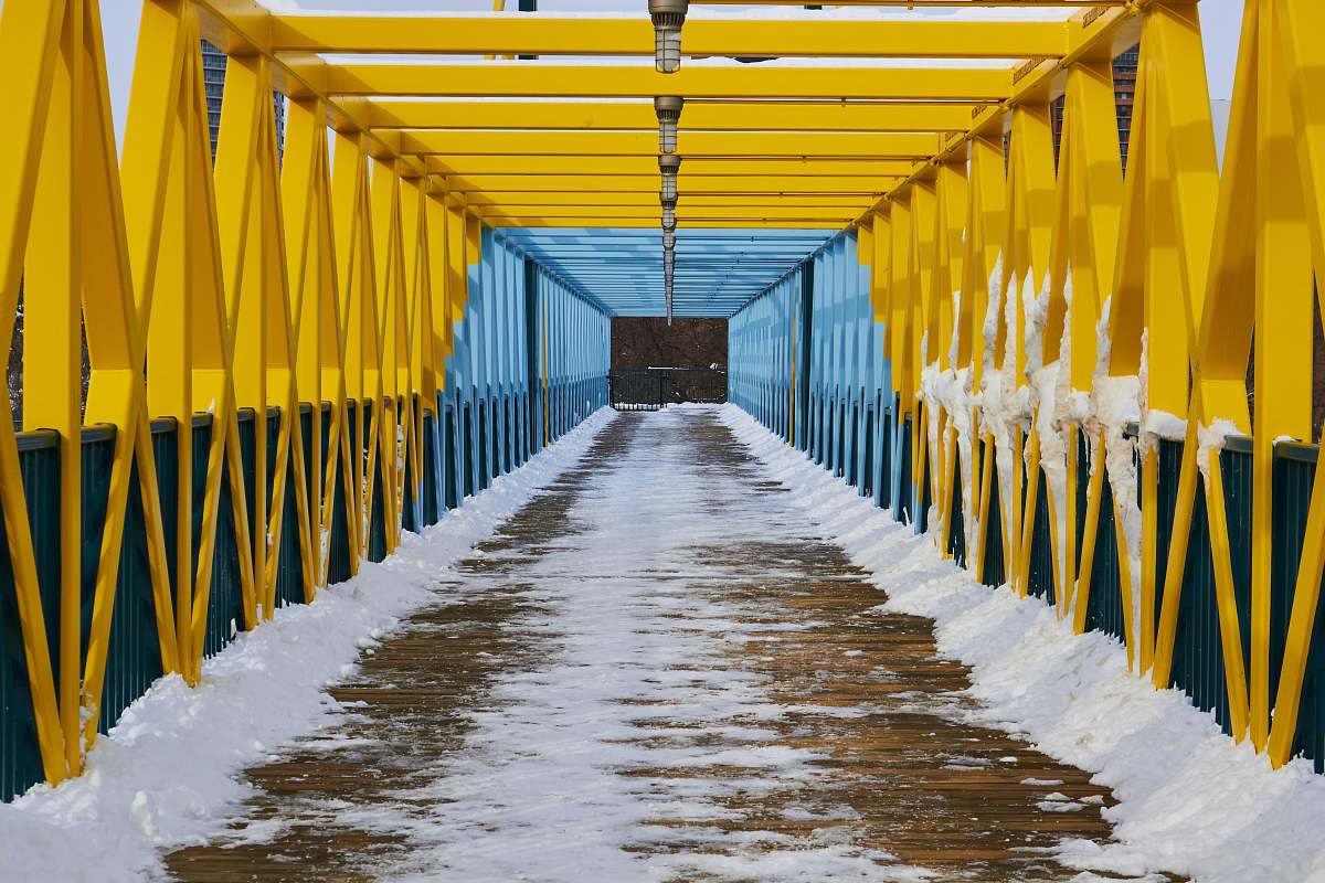 handrail yellow and gray metal bridge walker art center