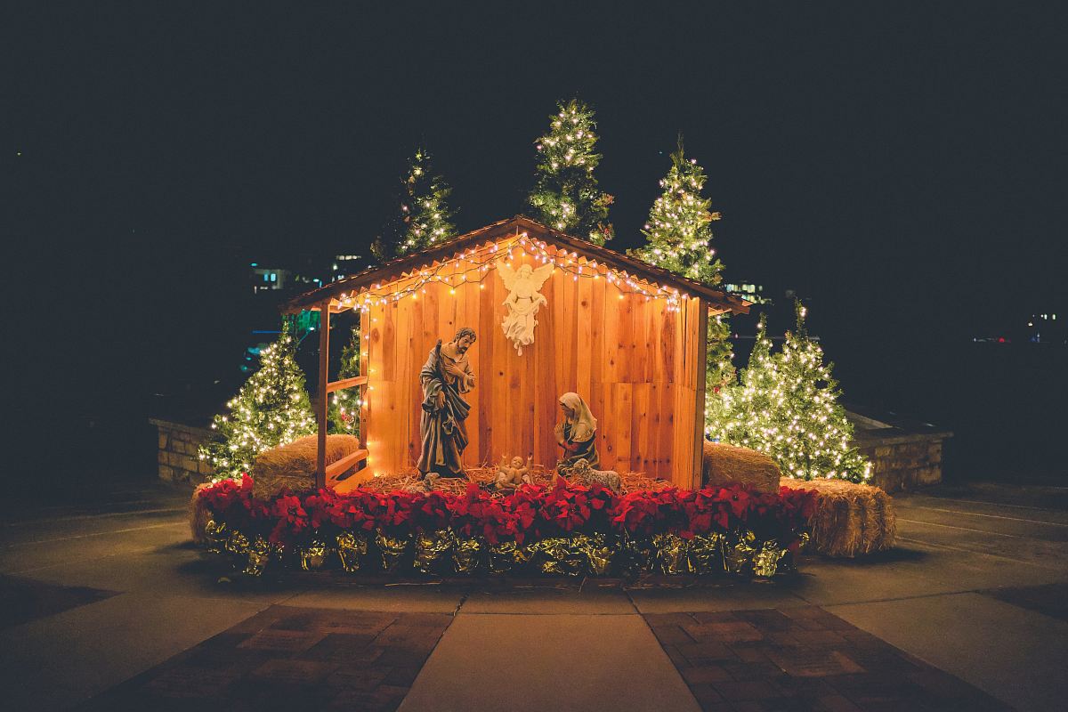 nativity outdoor decor during night time