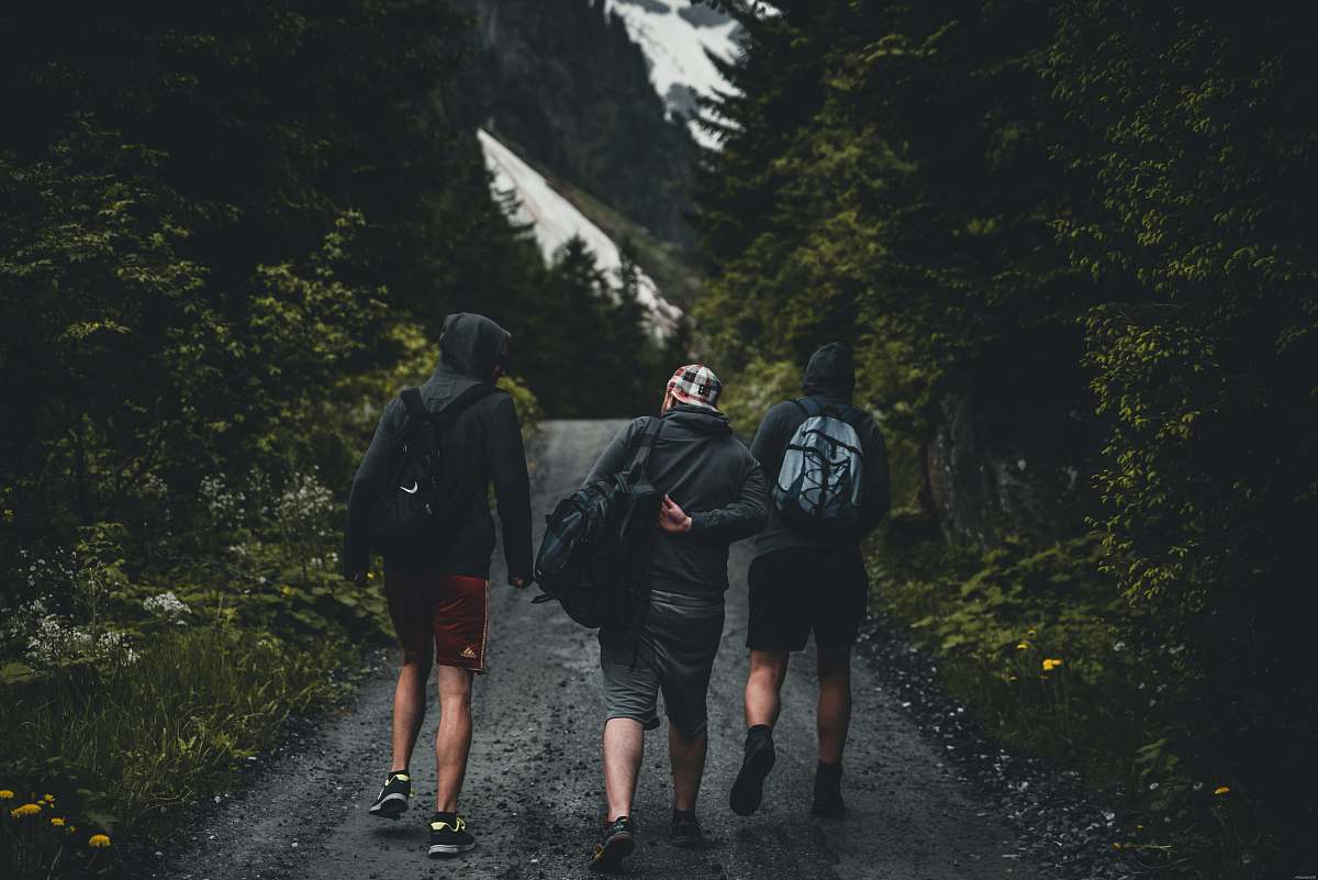 human three person walking on gray pathway person