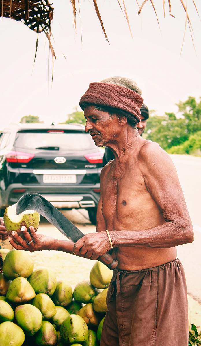 person man holding coconut automobile