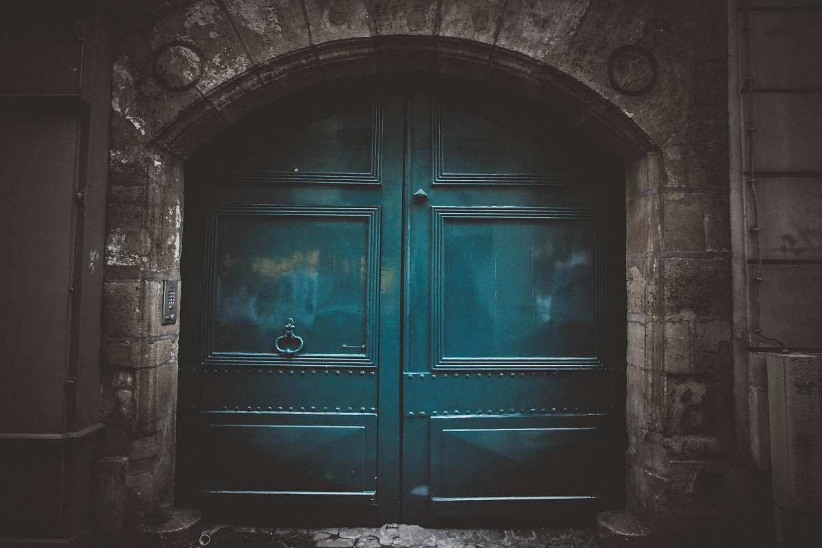 grey blue wooden double arch door s architecture