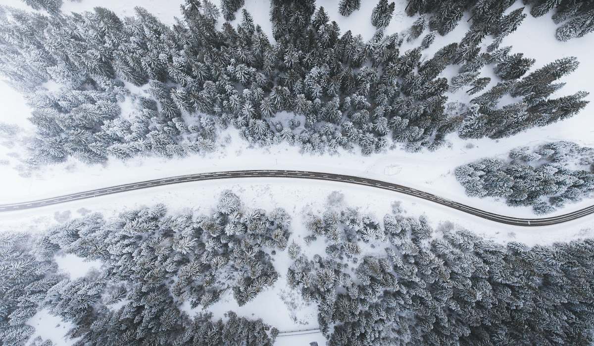 winter aerial view of road surrounded by trees landscape