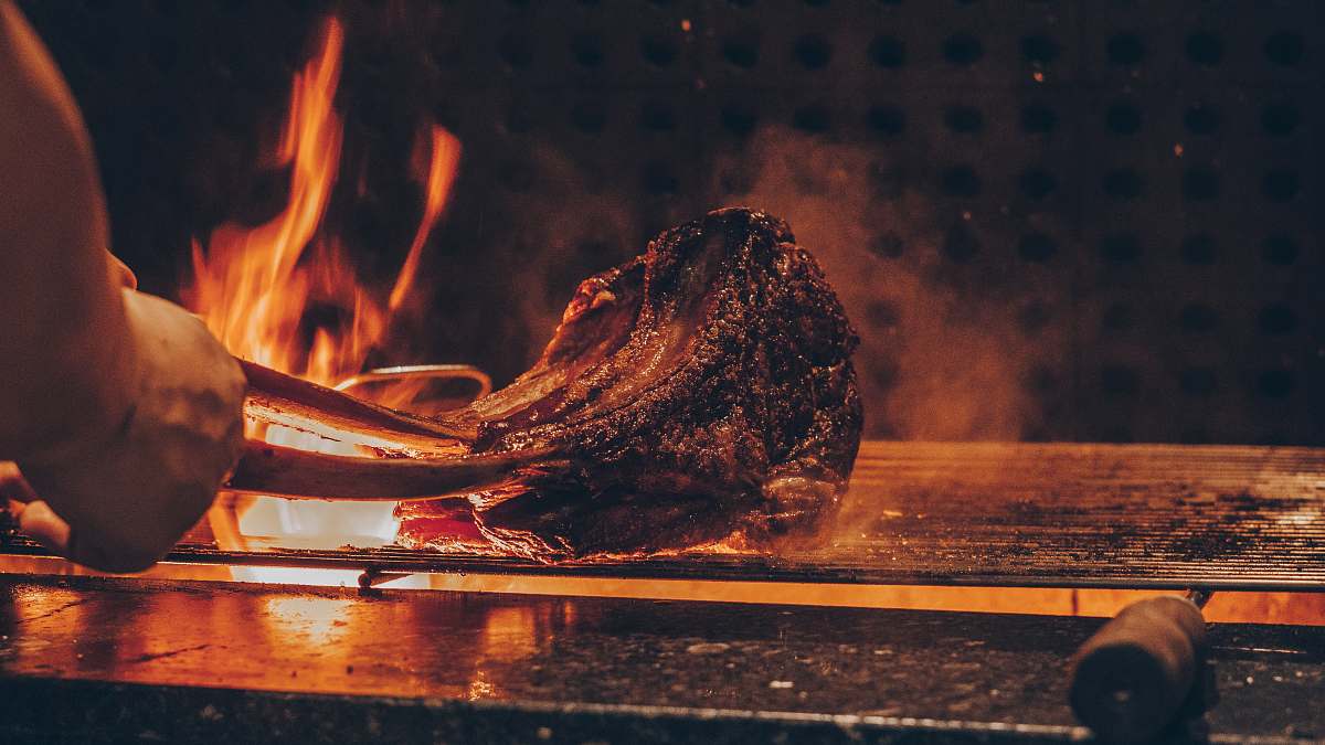 bonfire person barbecuing meat flame