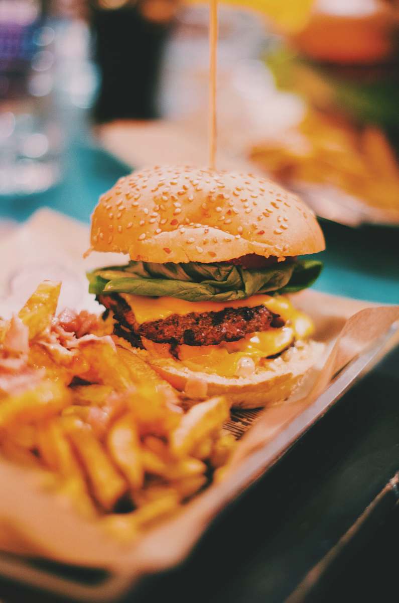 burger food photography of burger and fries meal