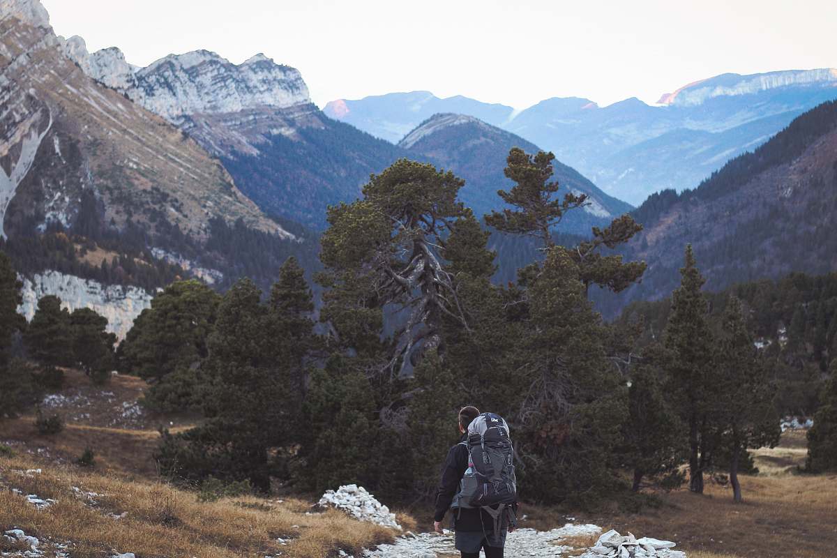 outdoors man carrying backpack standing near trees and mountain mountain