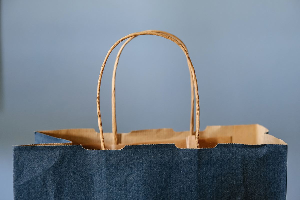 blue and brown tote bag