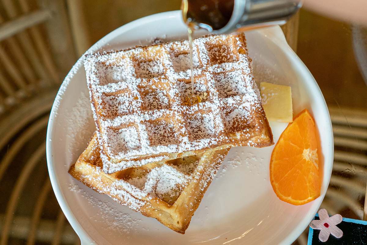 food waffles white on ceramic plate orange