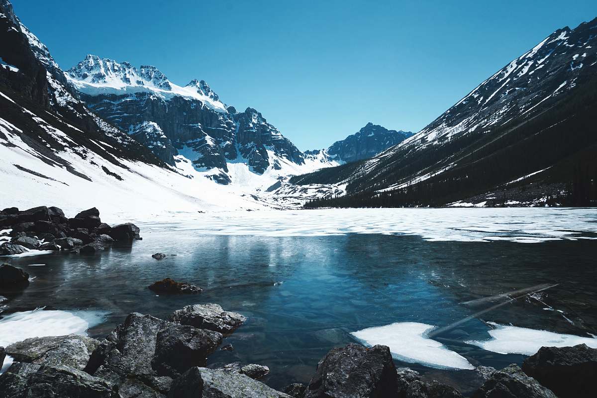snow body of water in the middle of mountains ice
