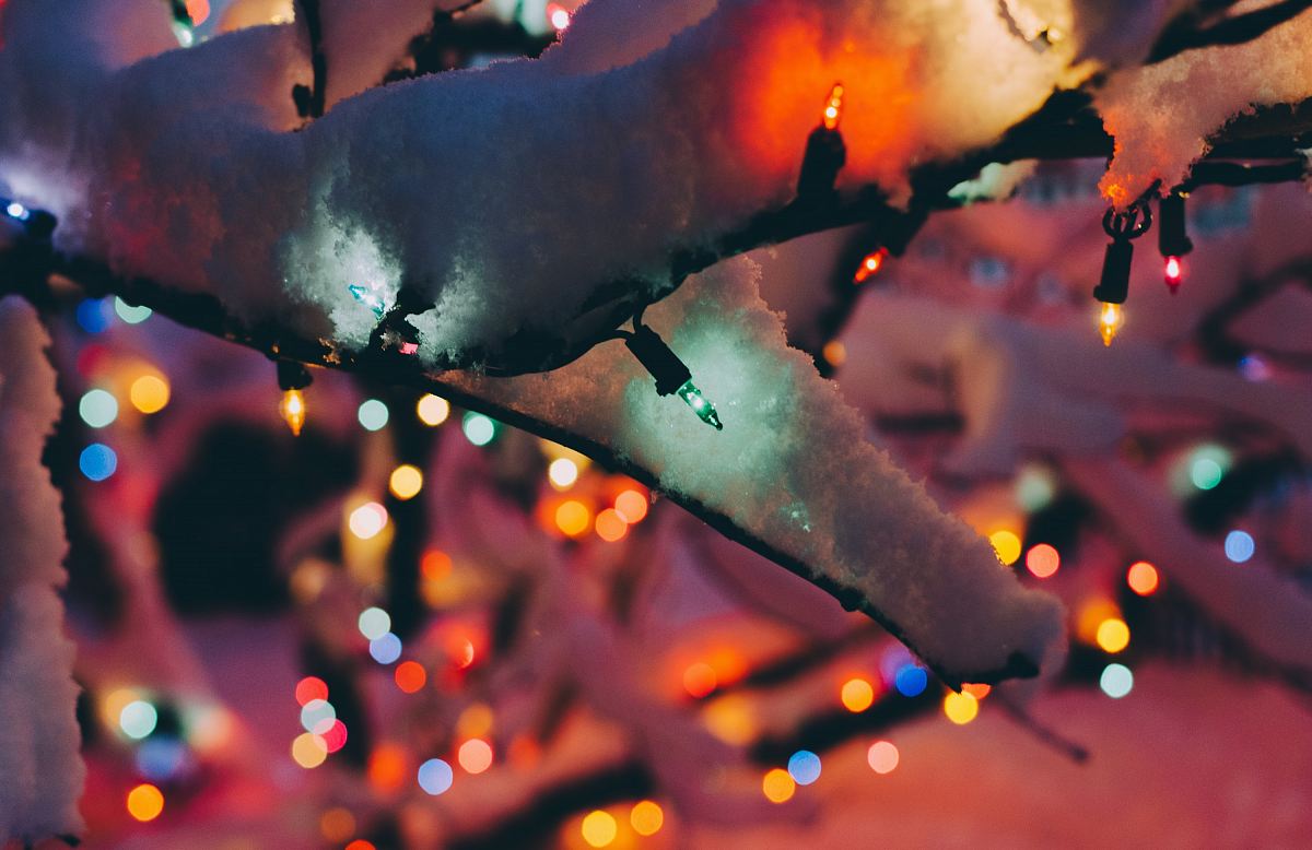 assorted-color string lights around white christmas tree
