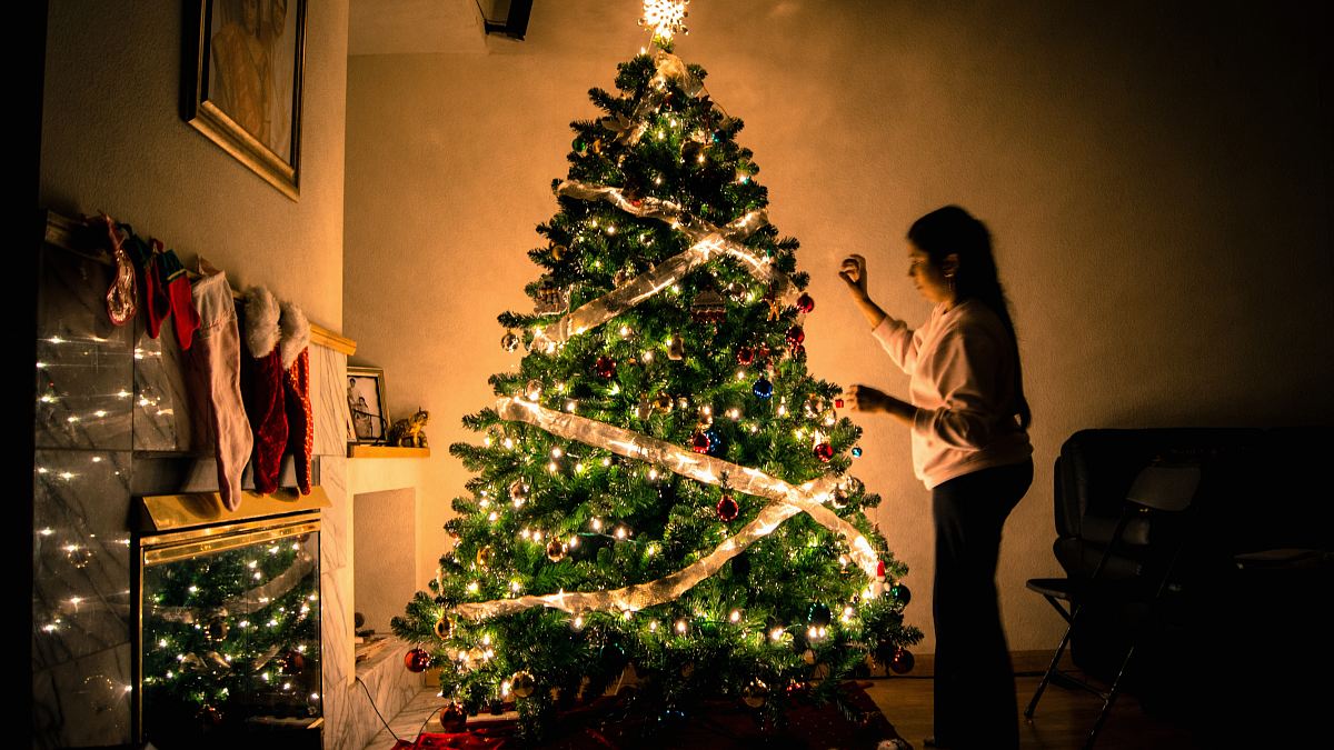 child standing in front of Christmas tree with string lights