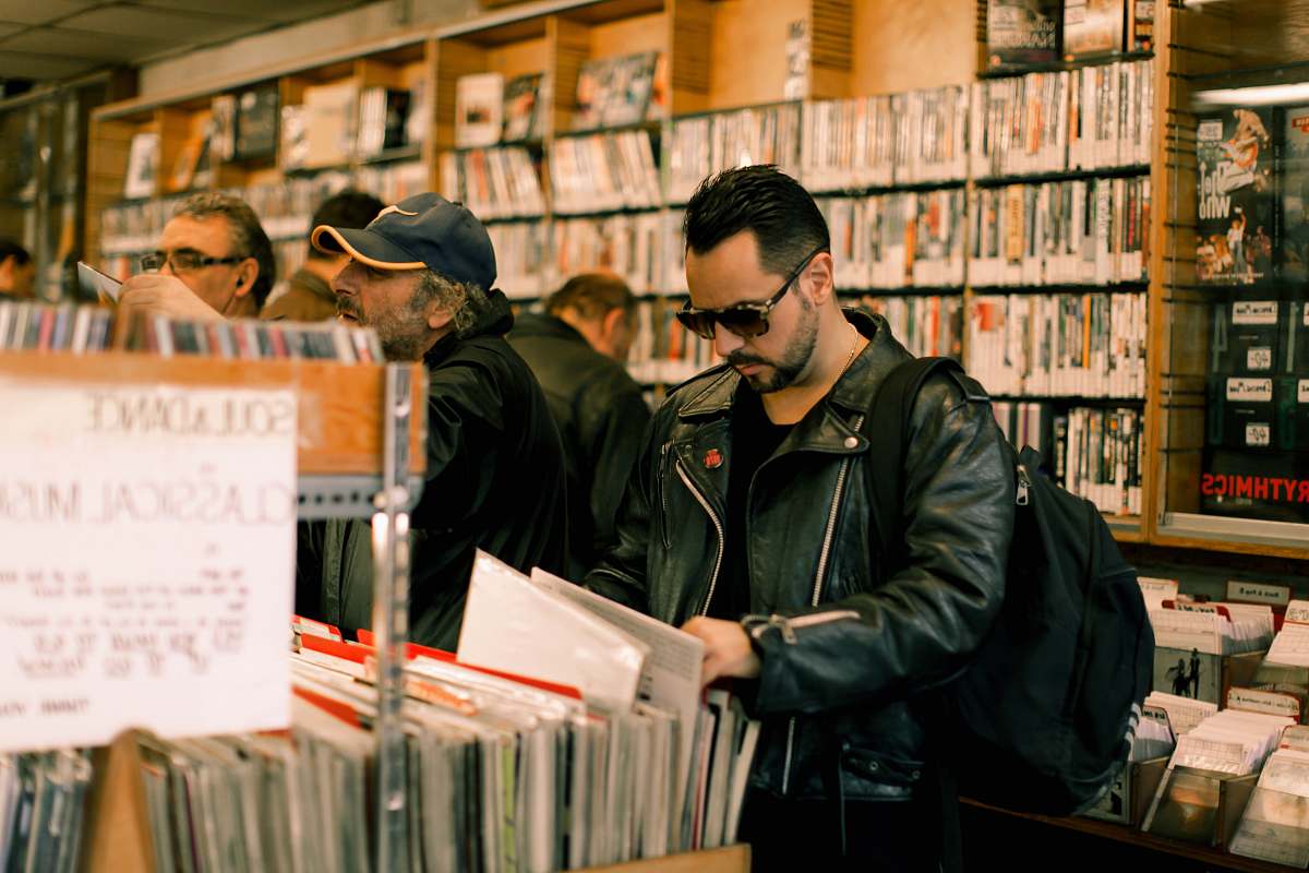 room men's black leather jacket library