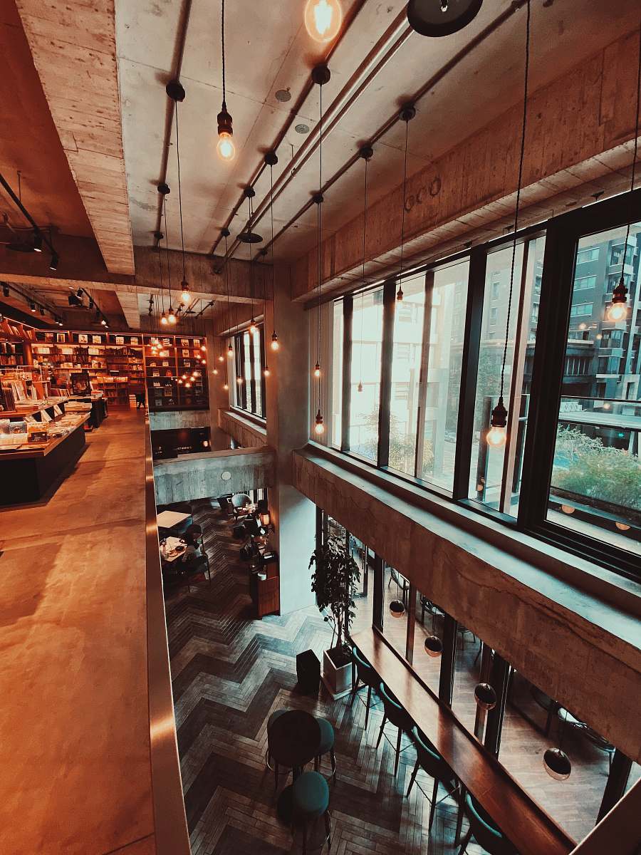 book turned-on room lights bookstore