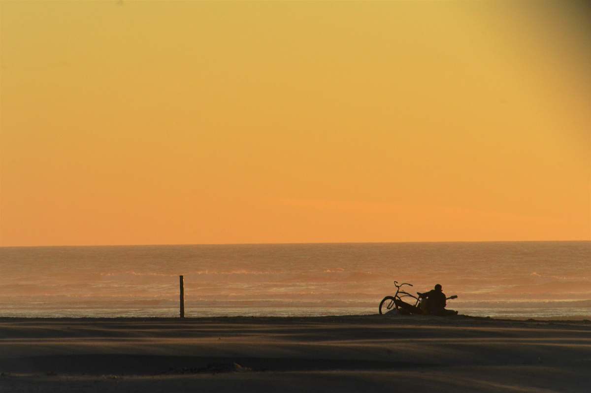 ocean person playing guitar in front of bicycle during daytime beach