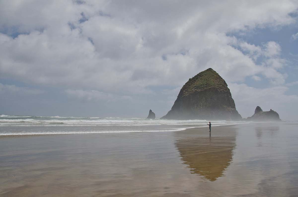 beach person standing on seashore with hill water