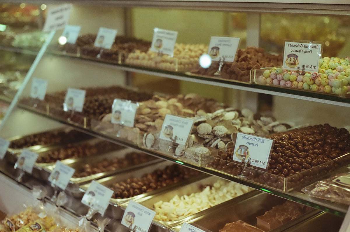 bakery assorted pastries in display counter confectionery