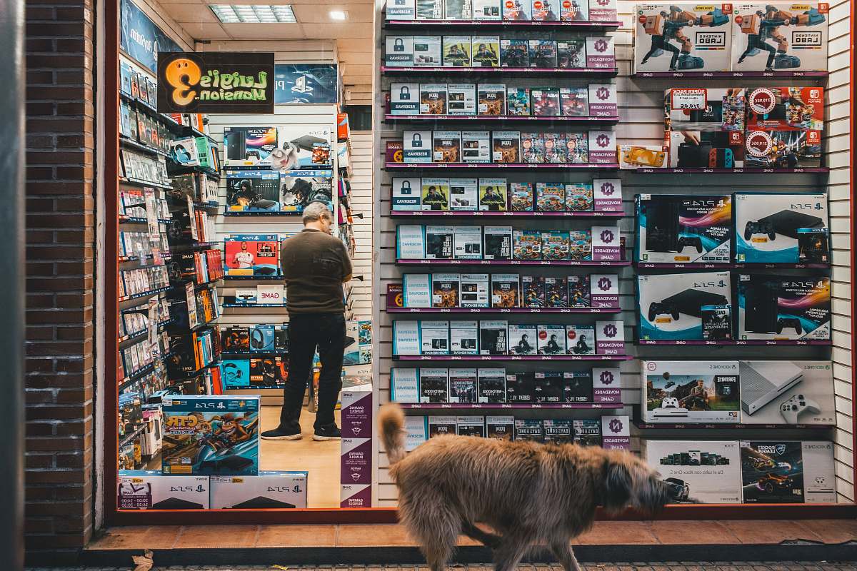 person brown and gray dog walking in front of store human