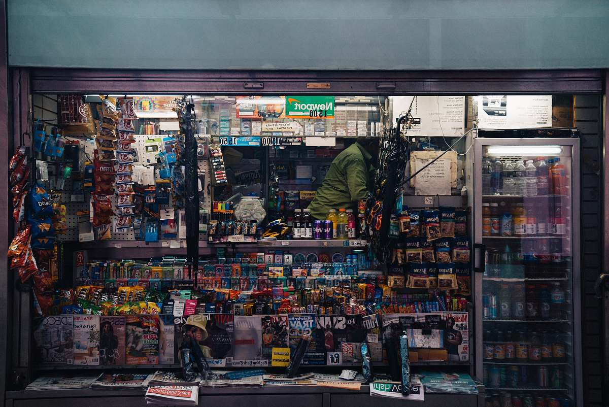 newsstand variety store at night shelf