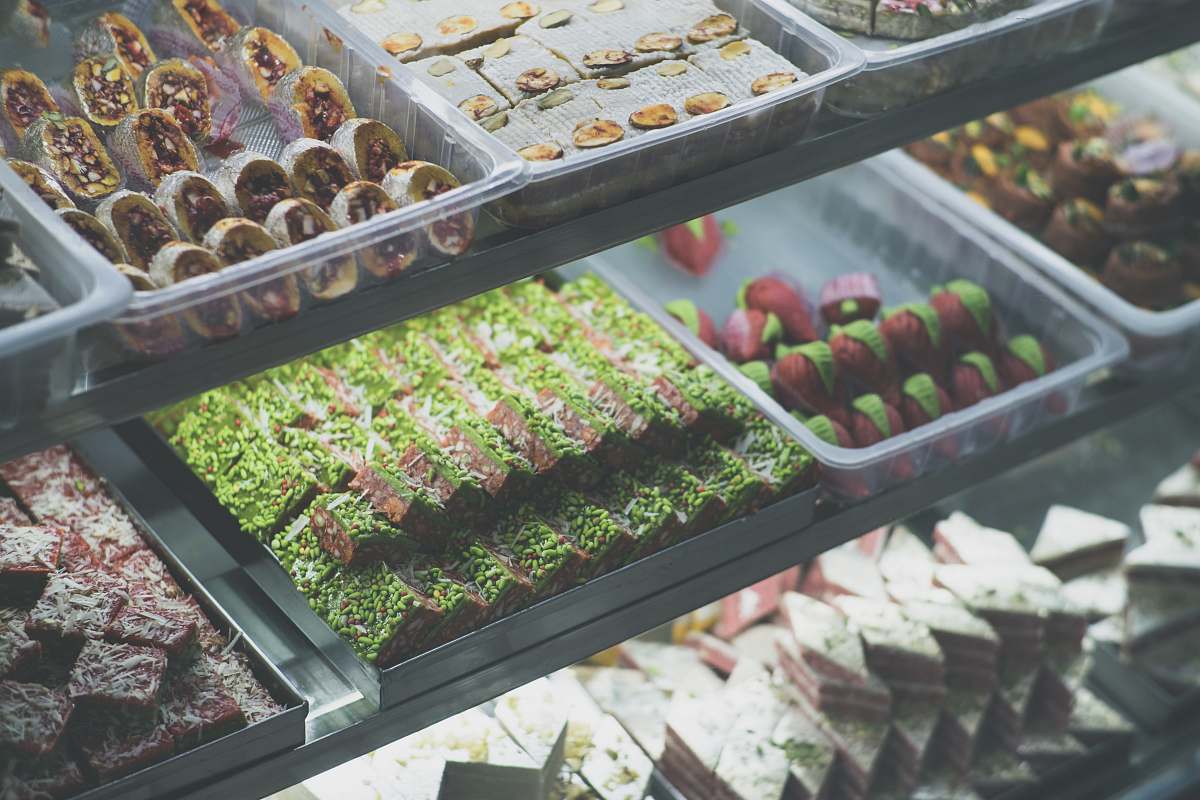 food variety of cookies on trays confectionery