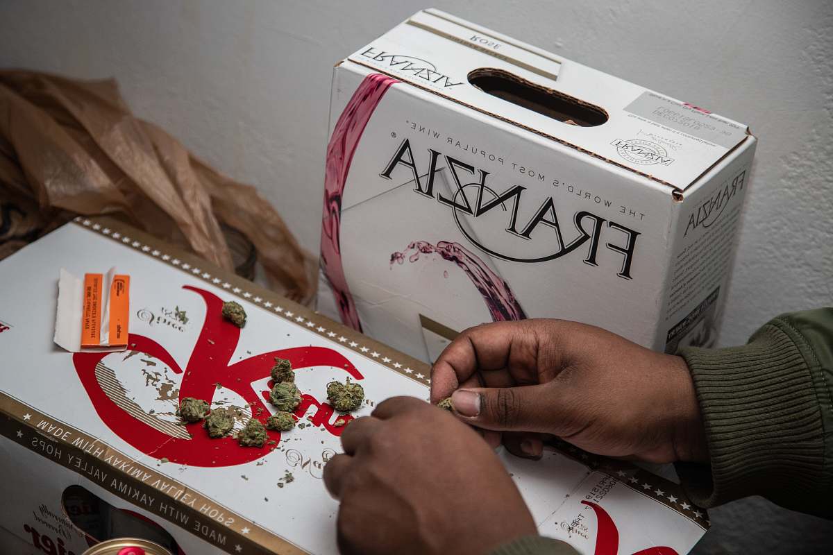 person person holding kush on top of box box