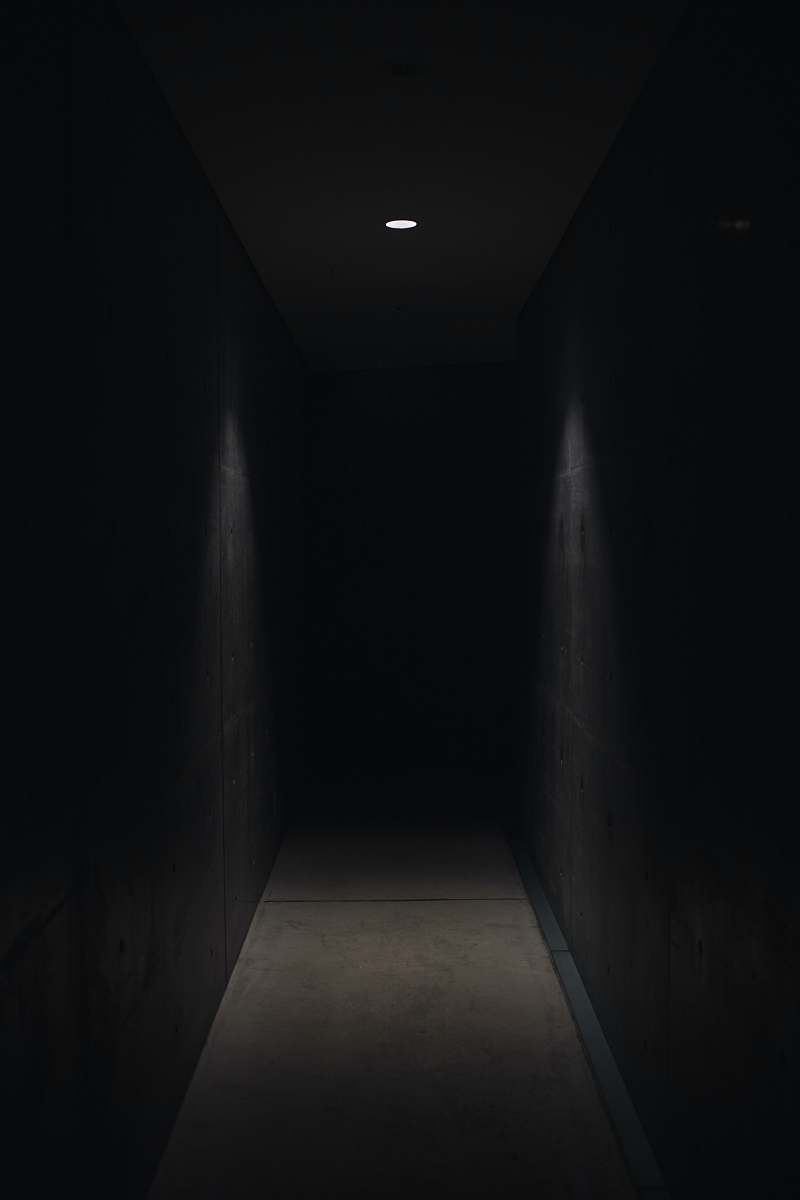 dark dark pathway lit with small light fixture horror