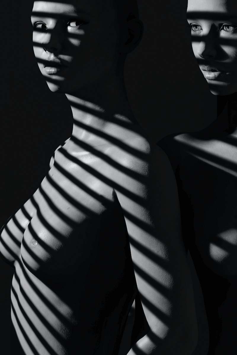 person grayscale photo of naked woman on window panel performer