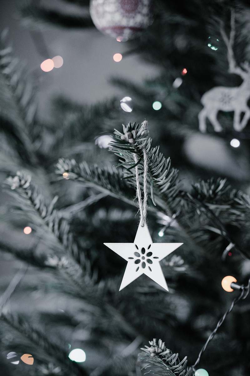 collage star Christmas ornament hanging in Christmas tree poster