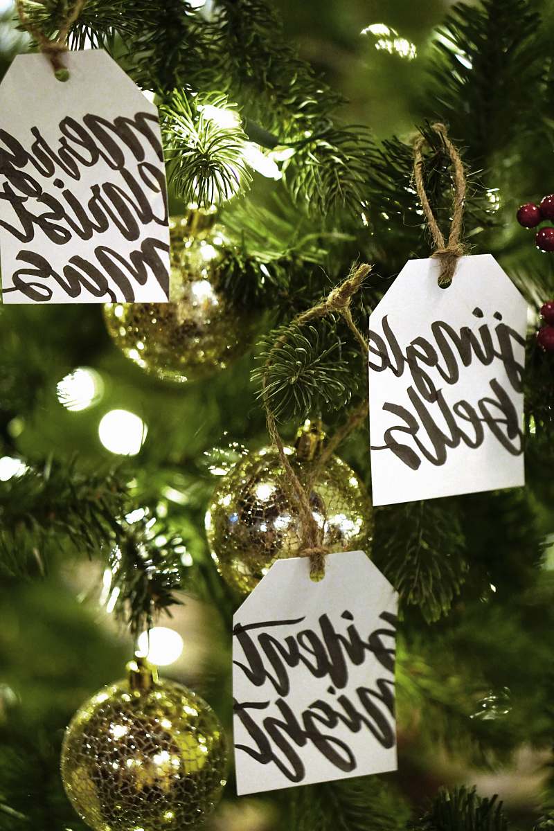 ornament yellow string lights on Christmas tree tree