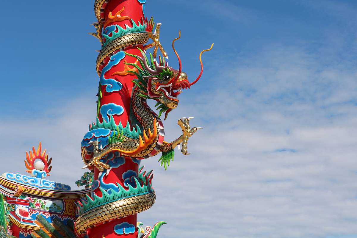 architecture red and green dragon art work building
