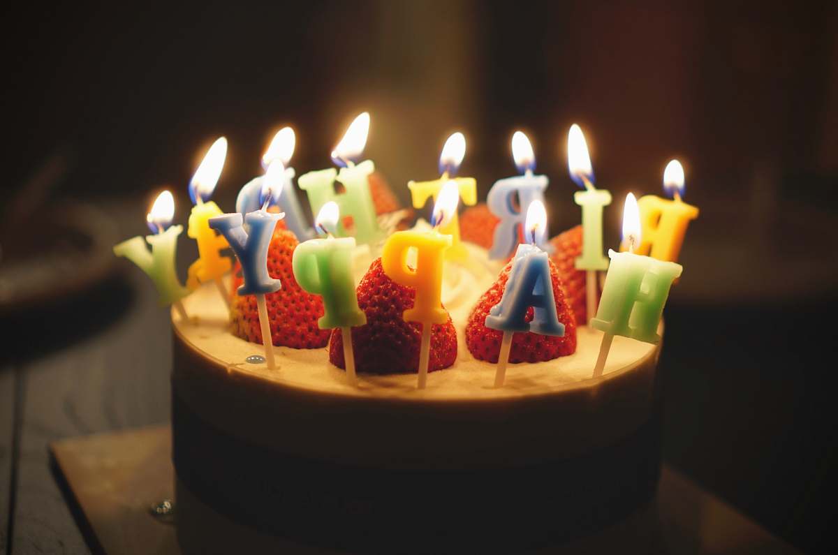 dessert baked cake with happy birthday candles on top cake
