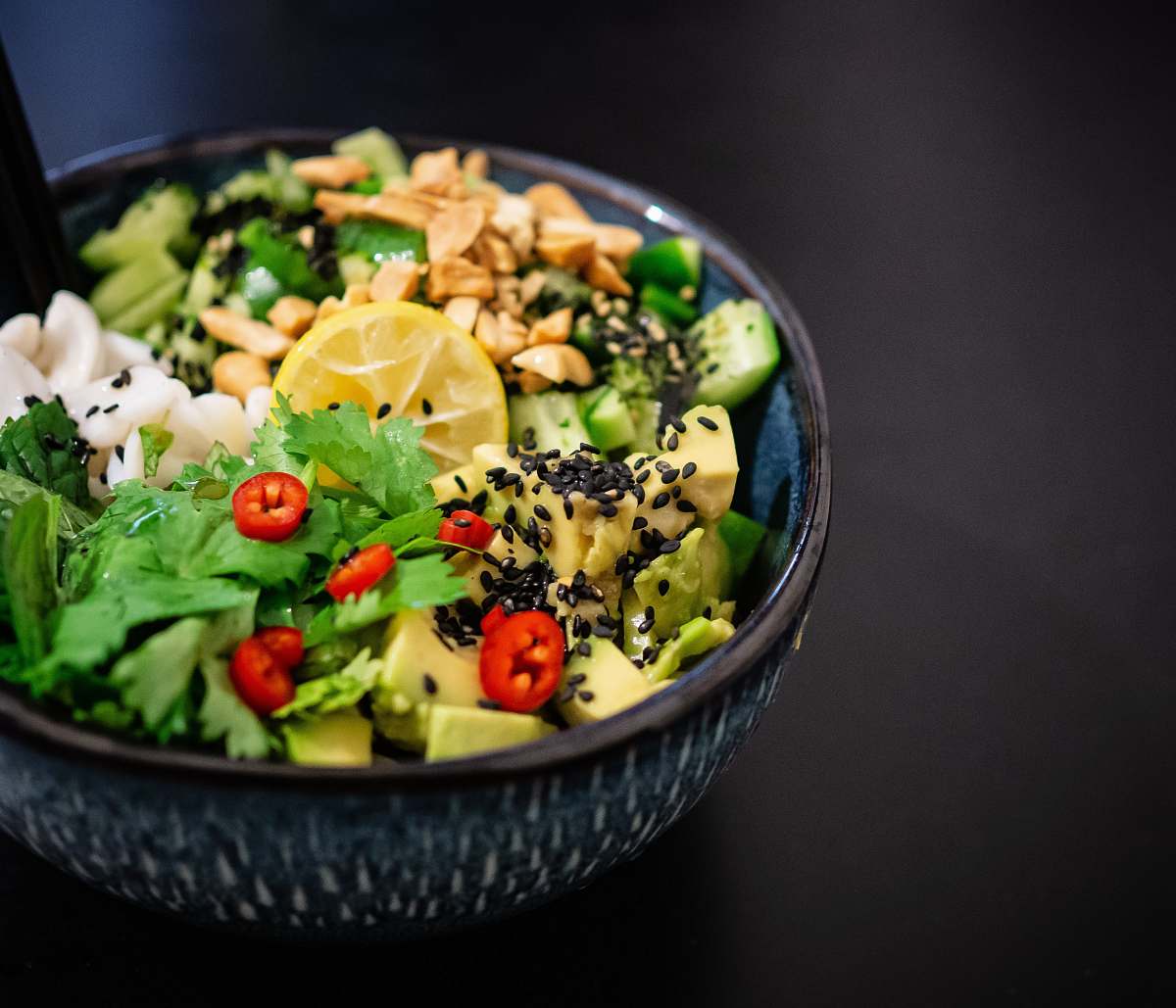 bowl vegetable salad in gray bowl plant