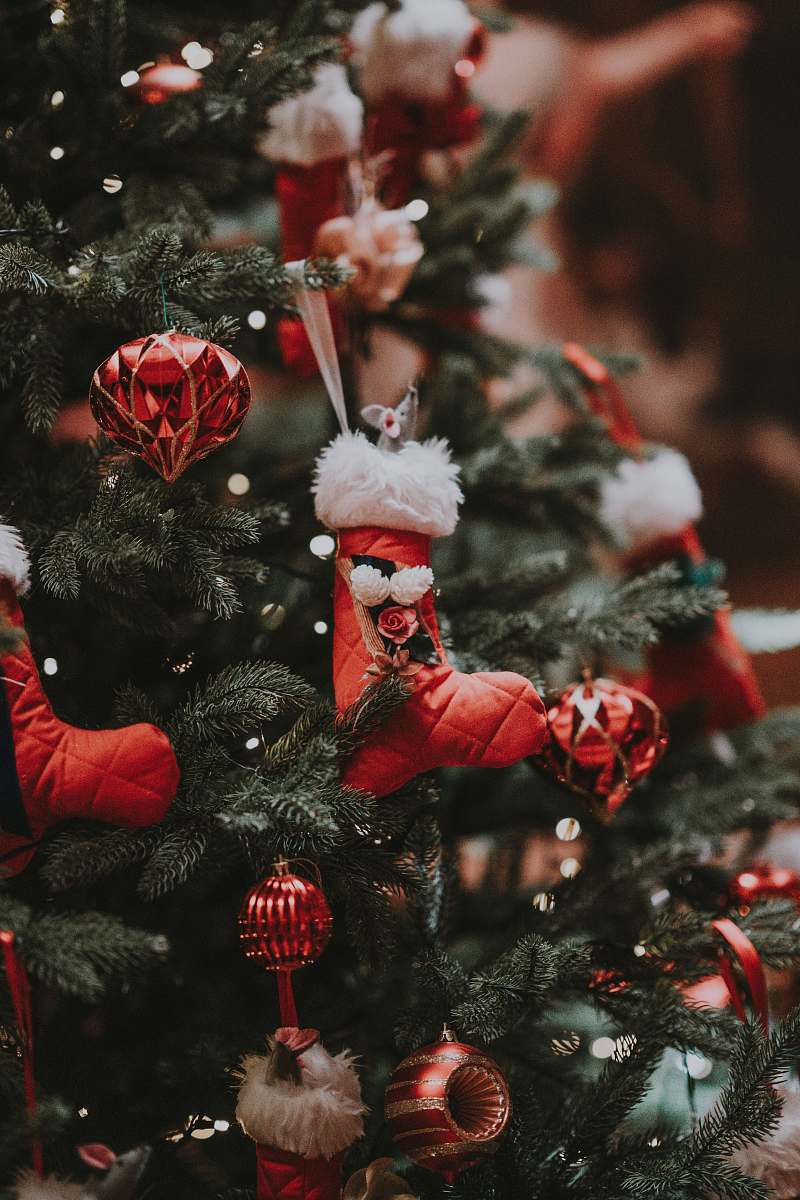 tree pre-lit Christmas tree with assorted Christmas tree ornaments christmas tree