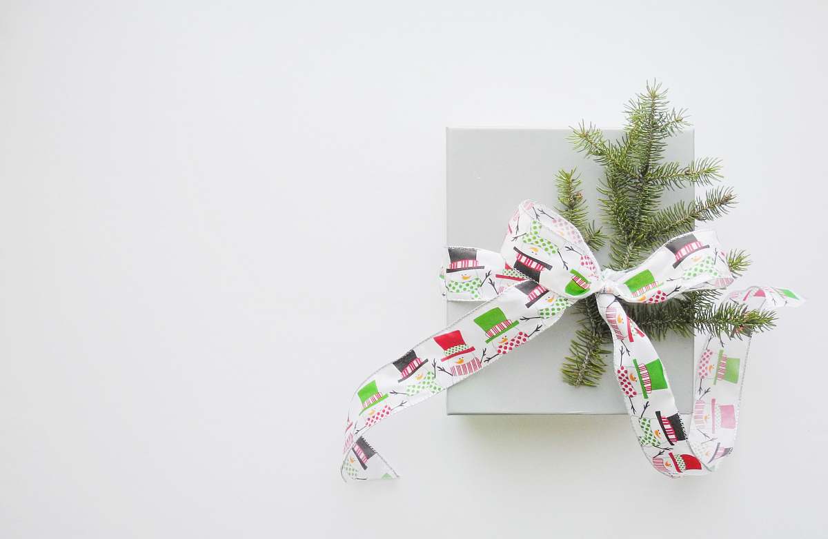gift green pine tree leaves tied with multicolored fabric strap ribbon paper