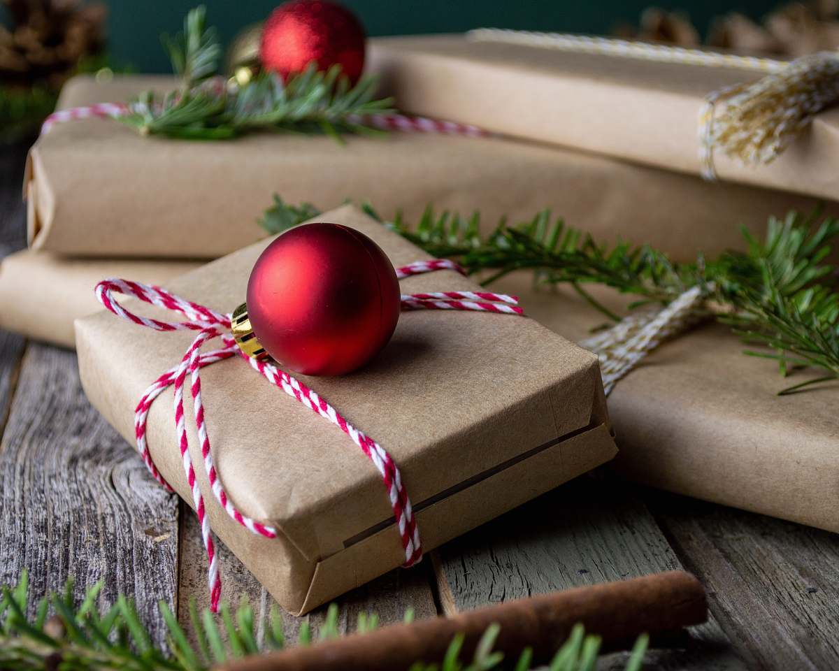 tree red bauble on brown giftbox gift
