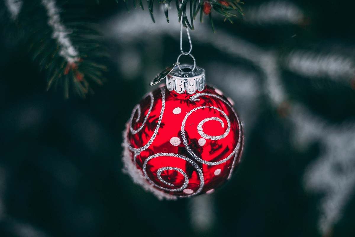snow shallow focus of red and gray baubles red