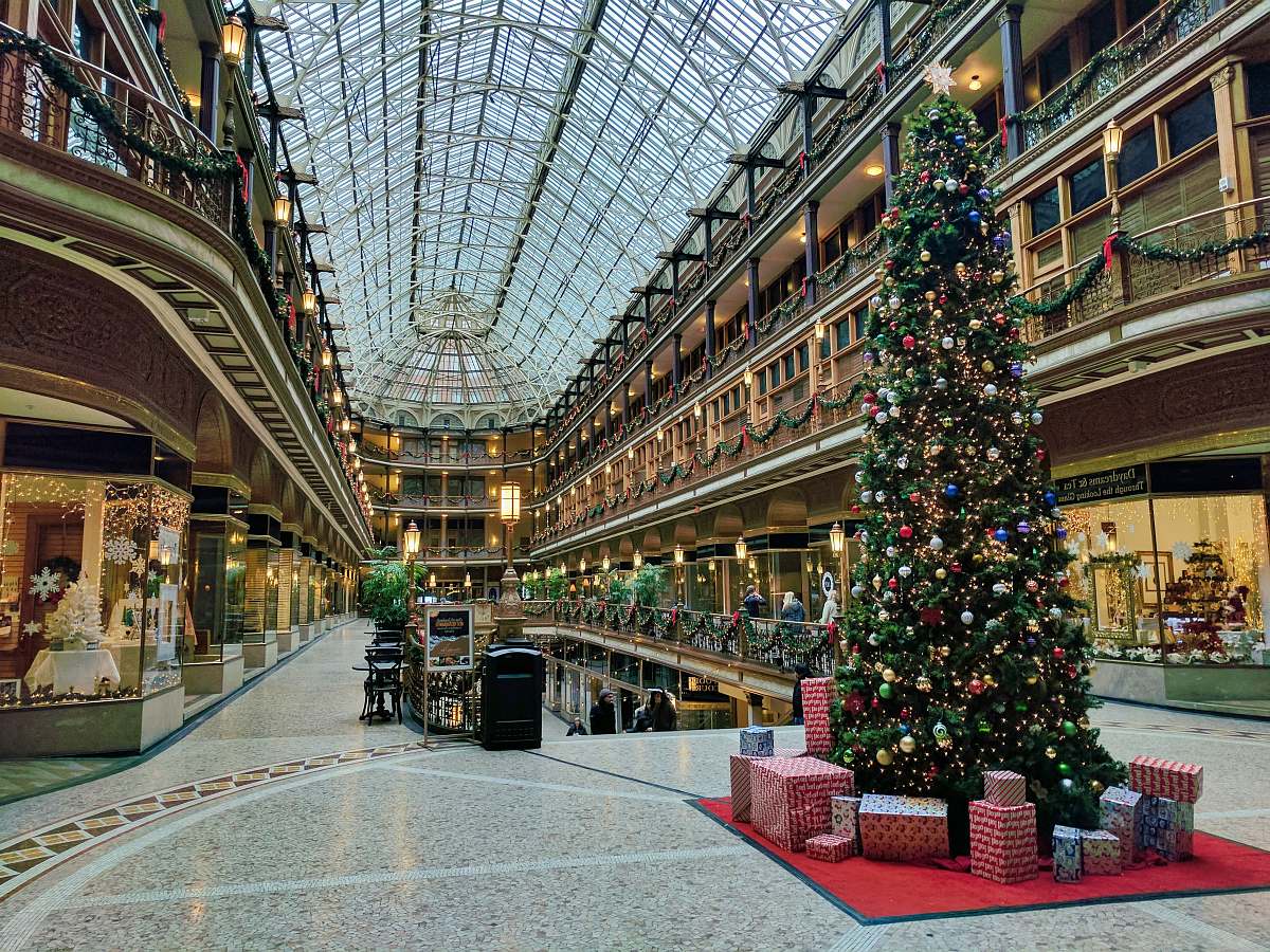 architecture state of the art building interior with lit Christmas tree building