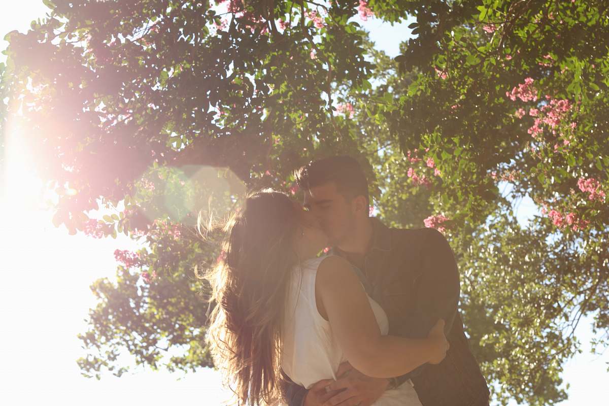 love man kissing woman under green tree during daytime kissing
